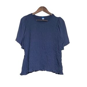 Old Navy Smocked Puff Sleeve Women Top XL Navy Blue Ruffle Hem Cotton Blouse